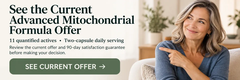 Current Advanced Mitochondrial Formula product packaging presented in an offer-inspection banner.