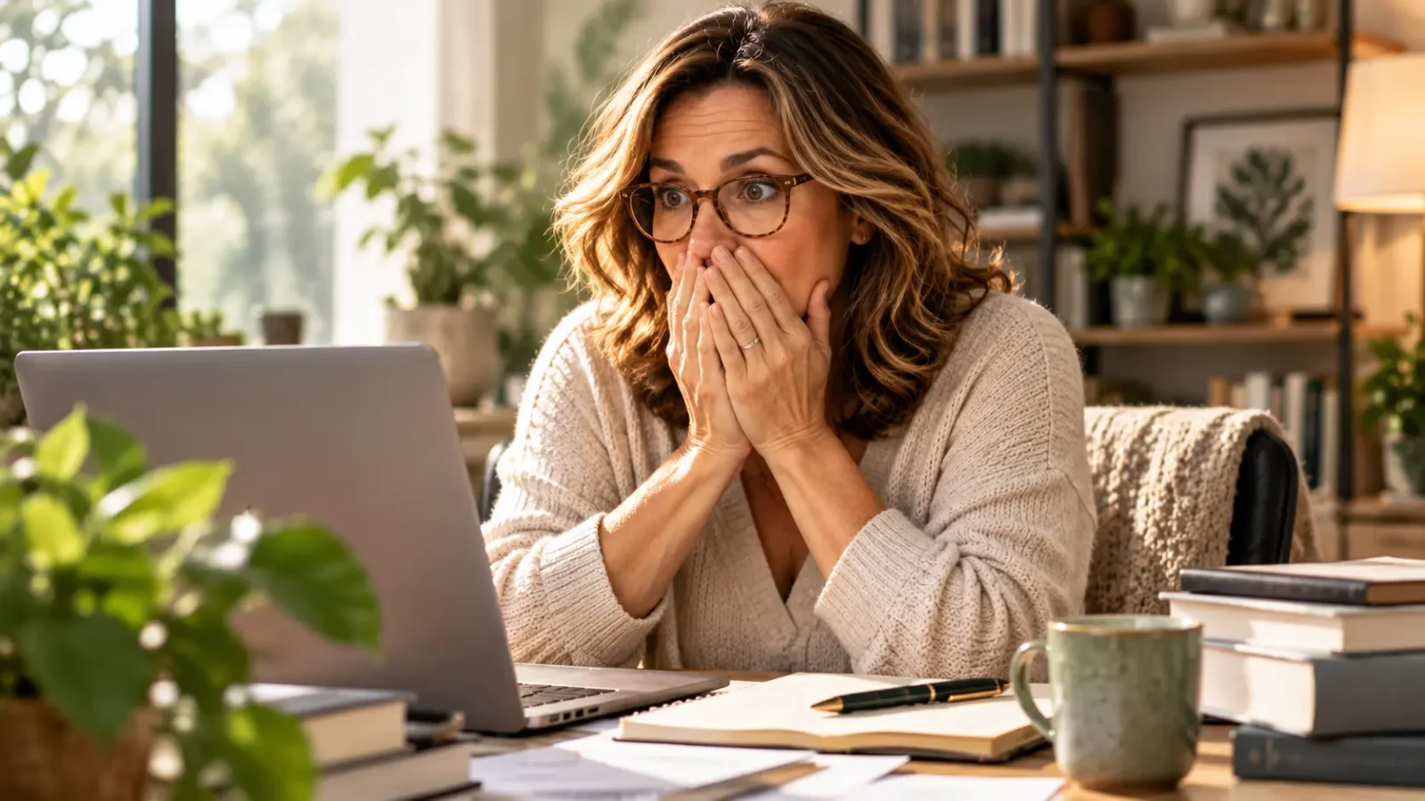 Woman reviewing information on a laptop while researching Advanced Mitochondrial Formula.