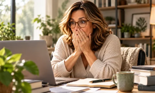 Woman reviewing information on a laptop while researching Advanced Mitochondrial Formula.