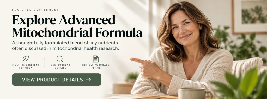 Advanced Mitochondrial Formula contextual product banner within a guide to supplements for mitochondrial function.