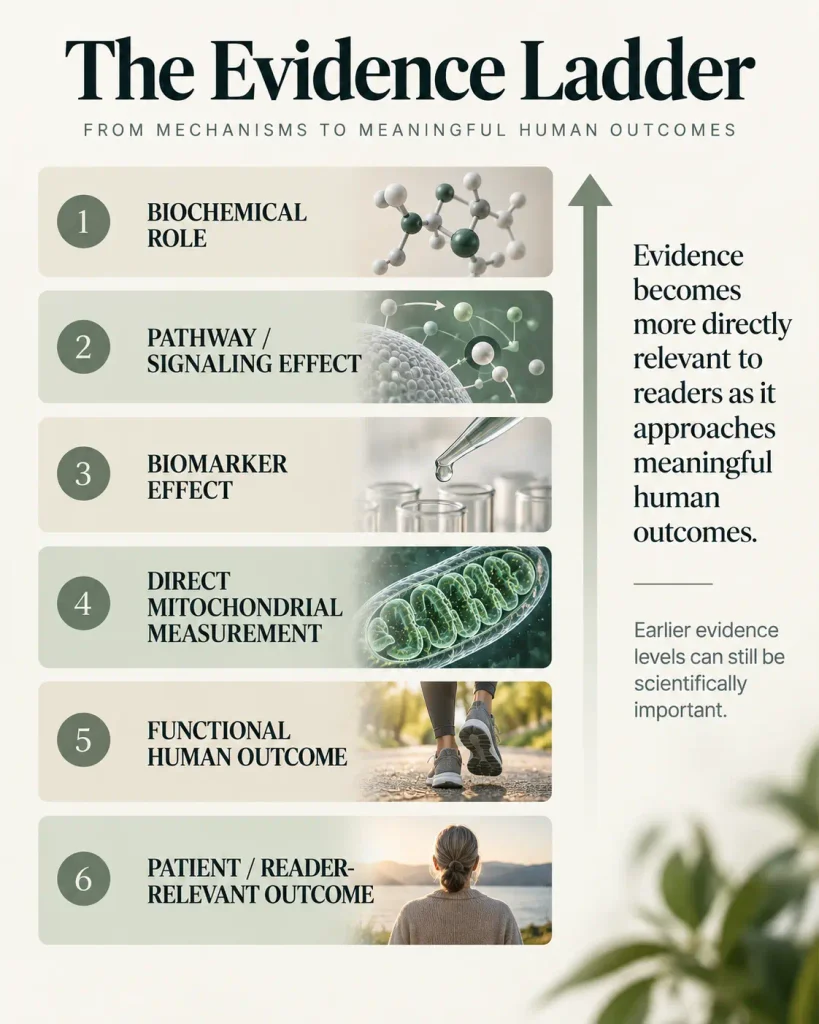 Evidence ladder for mitochondrial supplements progressing from biochemical roles and biomarkers to functional and reader-relevant human outcomes.