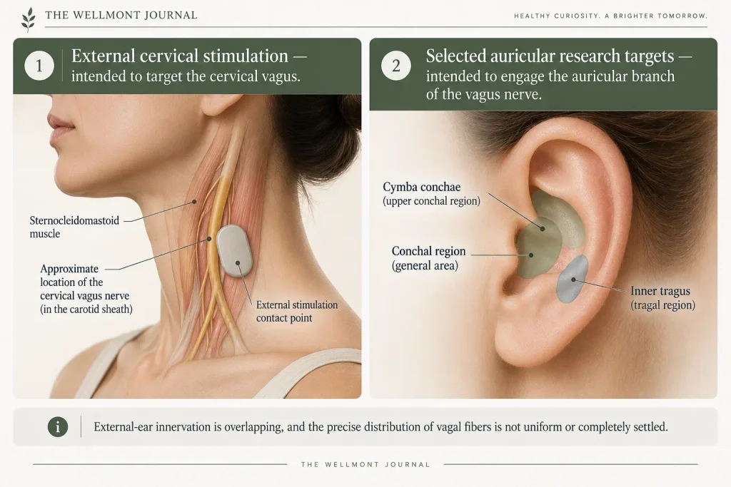 Diagram comparing external cervical vagus nerve stimulation at the side of the neck with selected auricular stimulation targets at the outer ear.