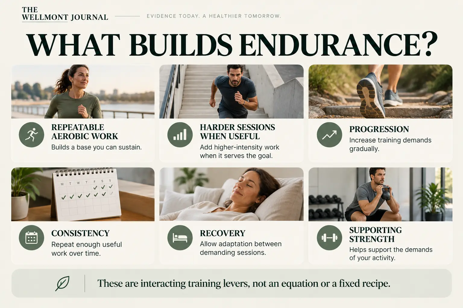 Endurance training framework showing repeatable aerobic work, harder sessions, progression, consistency, recovery, and supporting strength.