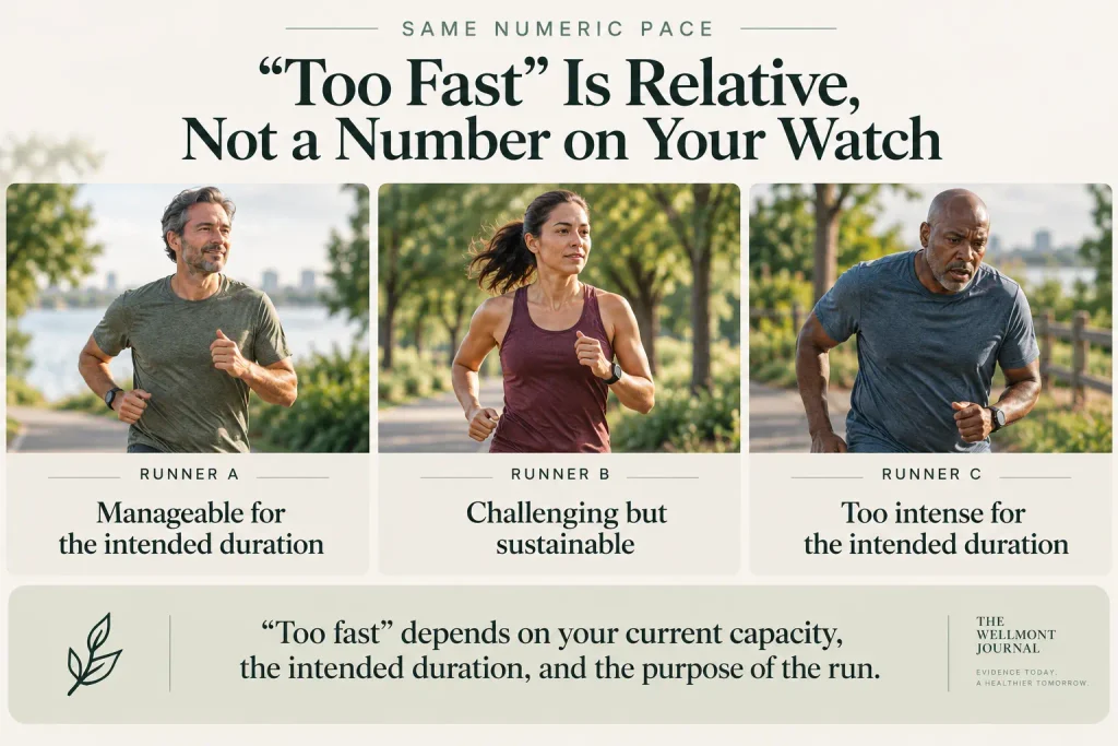 Comparison showing how the same running pace can feel manageable, challenging, or too intense depending on the runner and intended duration.