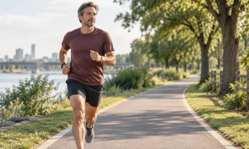 Adult runner maintaining a controlled, sustainable pace while training to increase stamina for running.