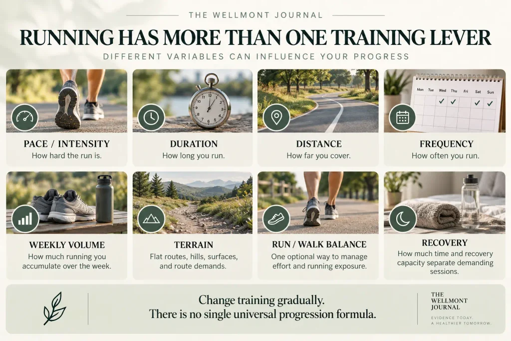 Running training variables including pace, duration, distance, frequency, weekly volume, terrain, run-walk balance, and recovery.