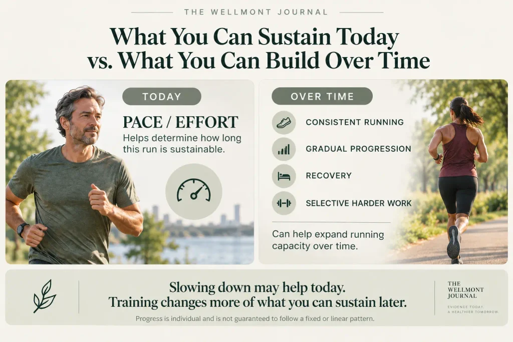 Diagram showing how pacing affects sustainable running today while consistent training, gradual progression, and recovery build running capacity over time.
