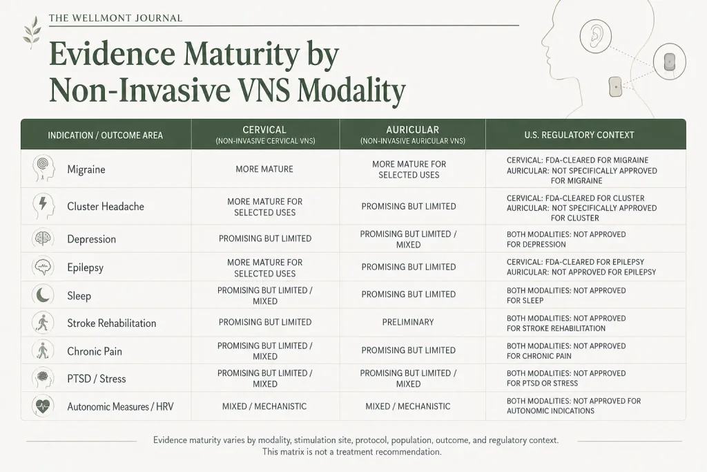 Evidence-maturity matrix comparing cervical and auricular non-invasive VNS across migraine, cluster headache, depression, epilepsy, sleep, stroke rehabilitation, chronic pain, PTSD or stress, and autonomic measures.