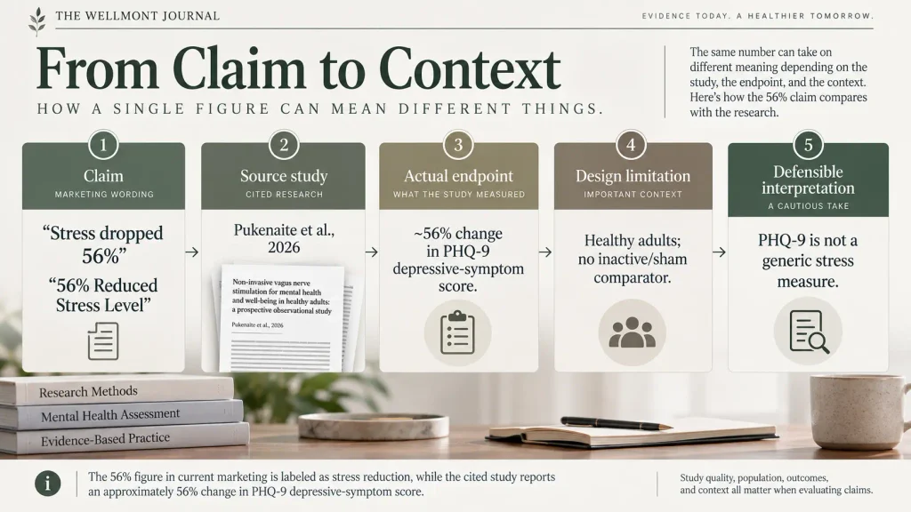 Claim-audit infographic comparing Pulsetto’s 56 percent stress wording with the PHQ-9 endpoint and study limitations.