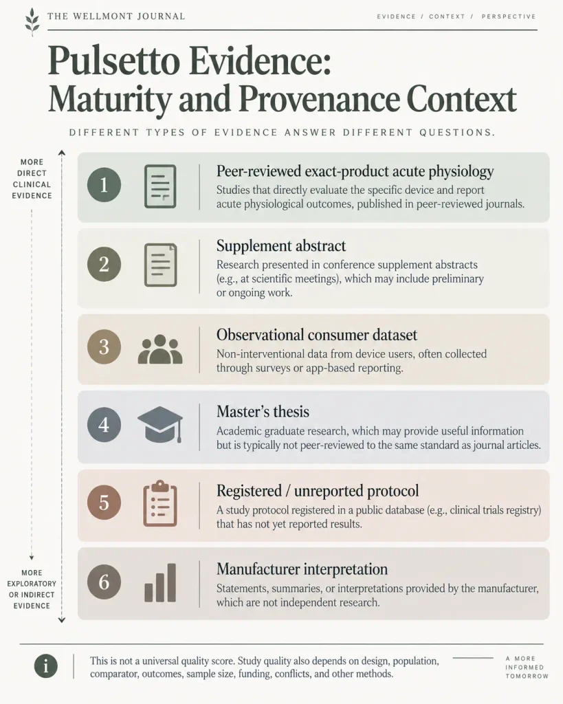 Vertical infographic showing six levels of Pulsetto evidence maturity and provenance, from peer-reviewed acute physiology to manufacturer interpretation.