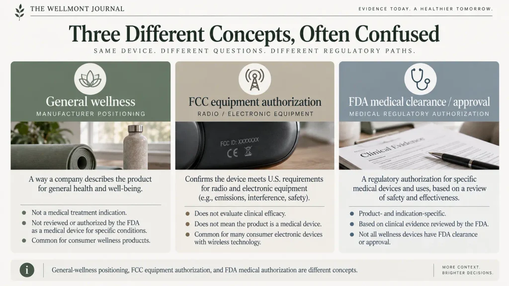 Three-part explainer distinguishing general wellness positioning, FCC equipment authorization, and FDA medical clearance or approval.