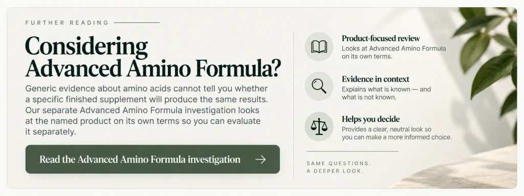 Advanced Amino Formula product investigation presented within an informational article about sarcopenia.