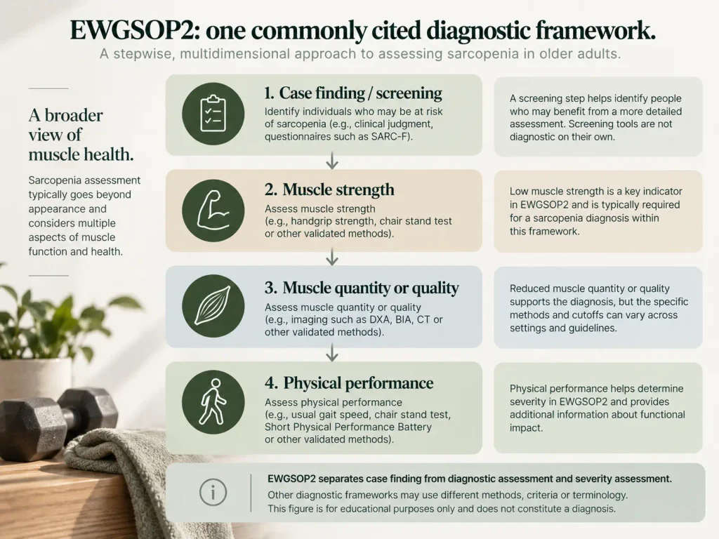 EWGSOP2 sarcopenia assessment framework covering muscle strength, muscle quantity or quality, and physical performance.