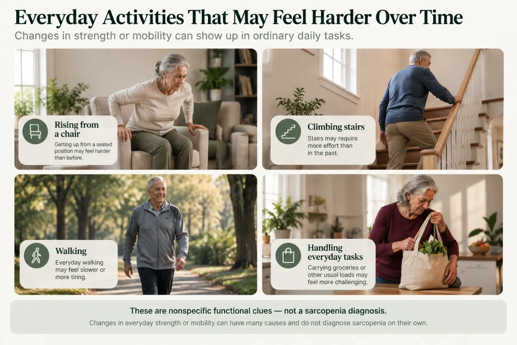 Possible signs of sarcopenia involving changes in strength, walking, stairs, chair rising, and everyday physical function.