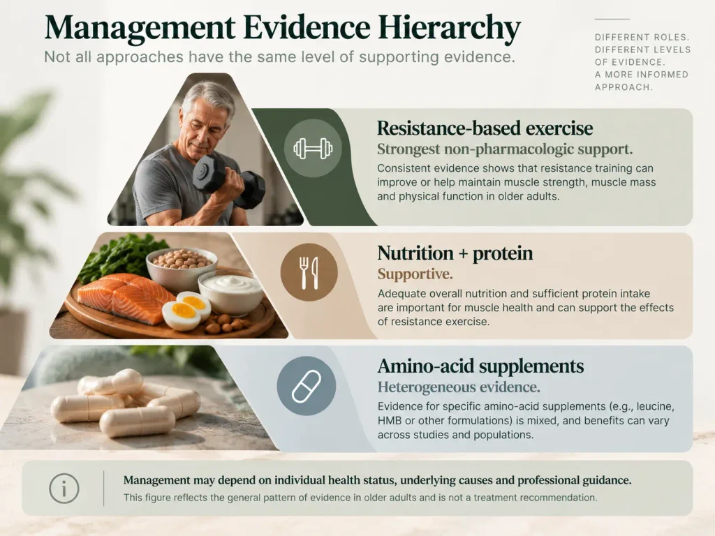 Sarcopenia management evidence comparing resistance exercise, nutrition and protein, and amino acid supplements.