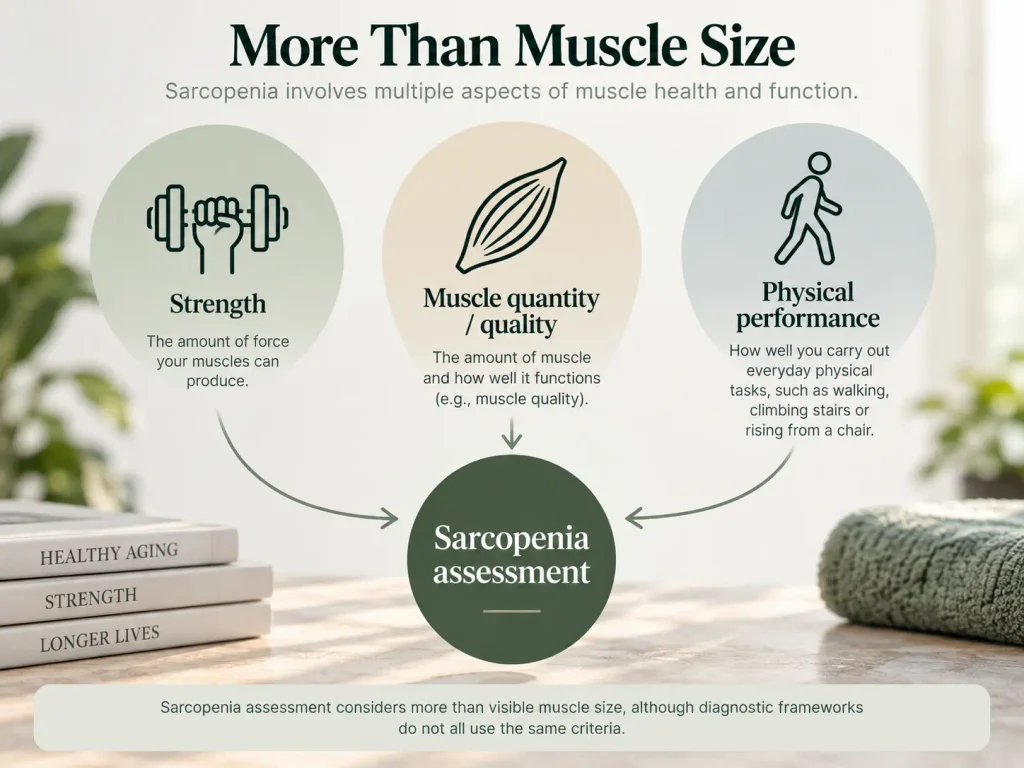 Sarcopenia assessment showing muscle strength, muscle quantity or quality, and physical performance.