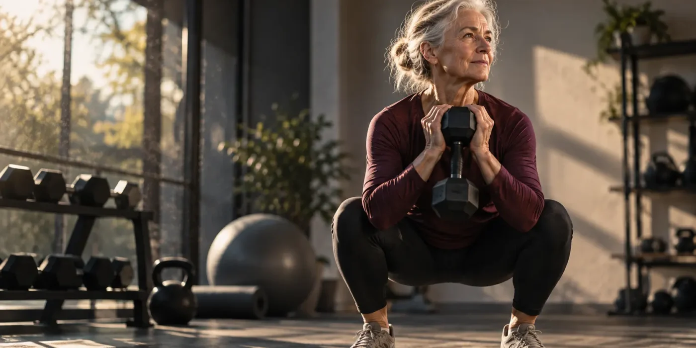Older adult performing a controlled strength exercise in a bright training space