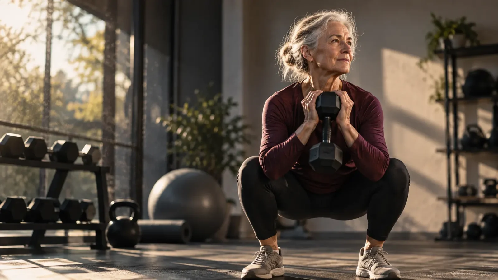 Older adult performing a controlled strength exercise in a bright training space