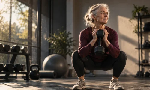 Older adult performing a controlled strength exercise in a bright training space