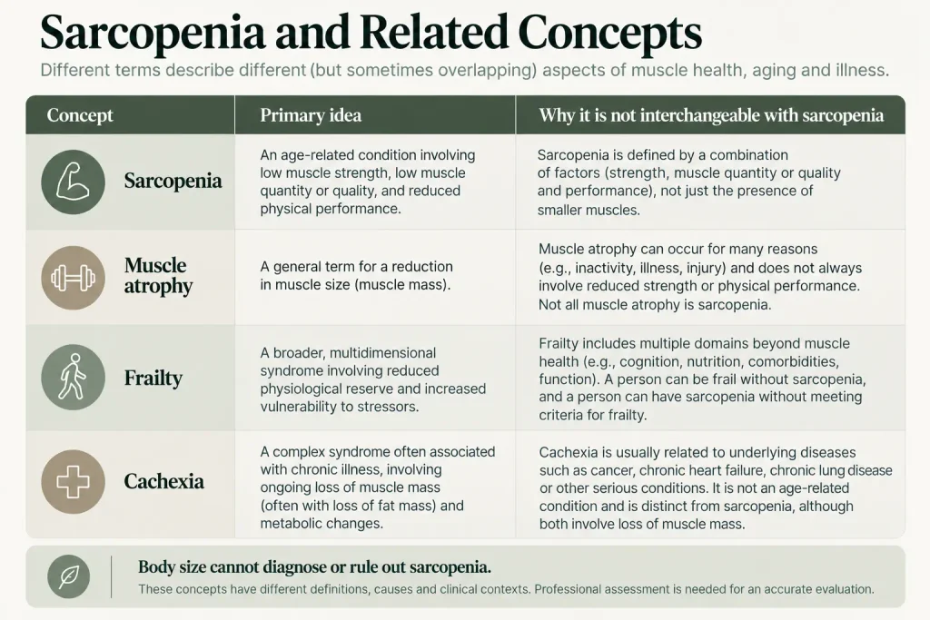 Comparison of sarcopenia, muscle atrophy, frailty, and cachexia and the differences between these related concepts.