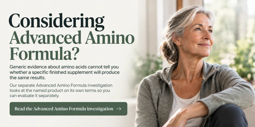 Advanced Amino Formula contextual product banner within a strength training for seniors guide.