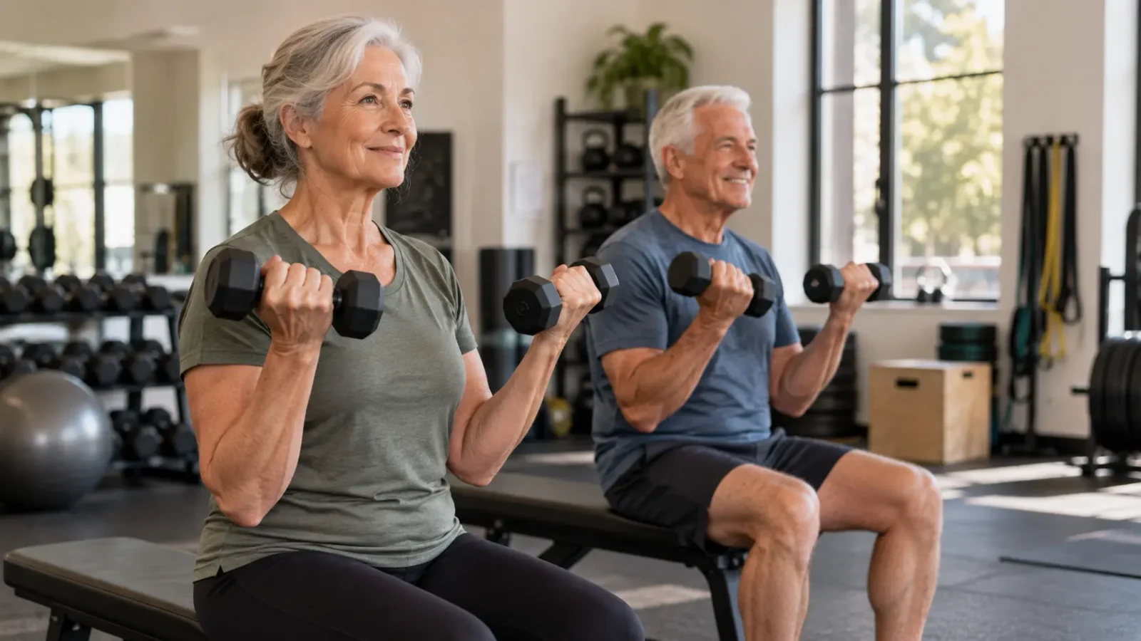 Older adults performing controlled resistance exercises as part of a beginner strength training program for seniors.