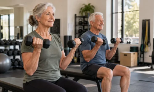 Older adults performing controlled resistance exercises as part of a beginner strength training program for seniors.