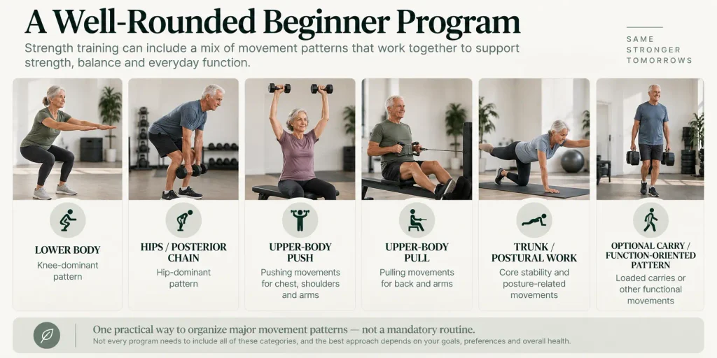 Beginner strength training for seniors covering lower body, hips, upper-body push and pull, trunk, and functional movements.