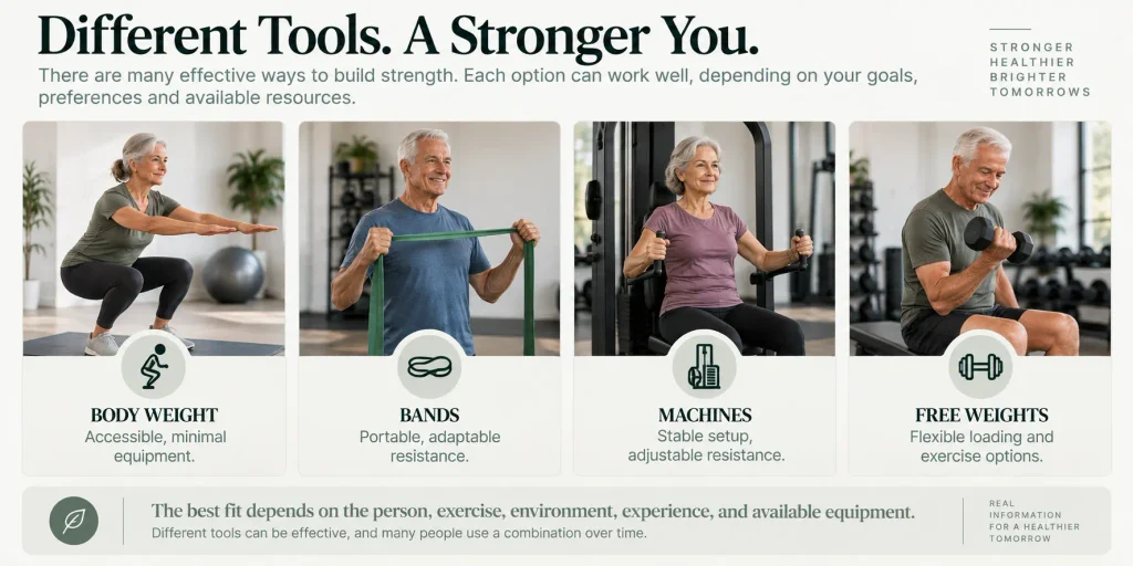 Strength training equipment for seniors including body weight exercises, resistance bands, machines, and free weights.