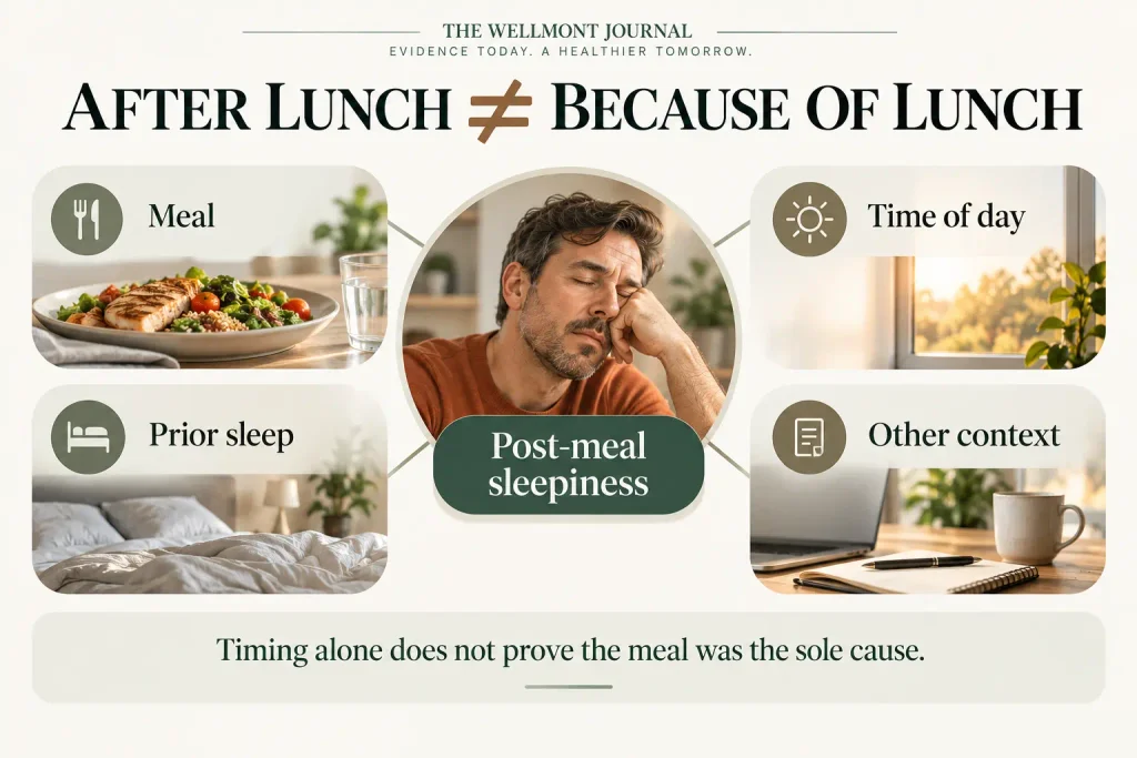 Diagram showing that post-meal sleepiness can overlap with the meal, time of day, prior sleep, and other context rather than proving lunch was the sole cause.