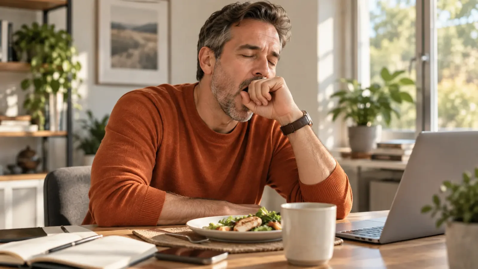 Adult looking mildly sleepy at a table after lunch in a bright afternoon setting