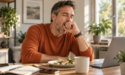 Adult looking mildly sleepy at a table after lunch in a bright afternoon setting