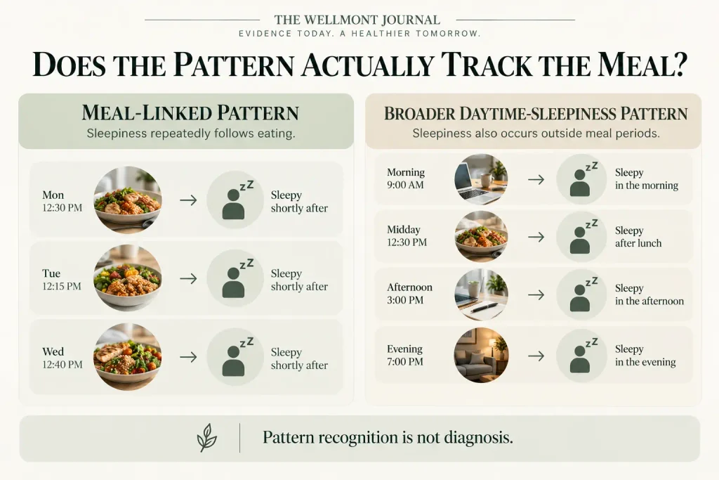 Comparison showing a pattern where sleepiness repeatedly follows meals versus broader daytime sleepiness that also occurs outside meal periods.