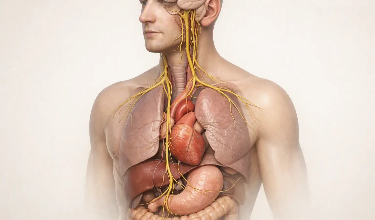 Simplified anatomical illustration of the paired vagus nerves extending from the brainstem through the neck toward the chest and abdomen.