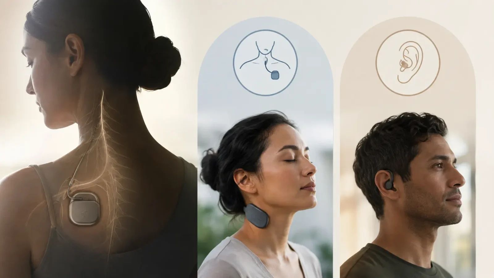 Editorial illustration showing implanted, neck-based, and ear-based vagus nerve stimulation device categories.