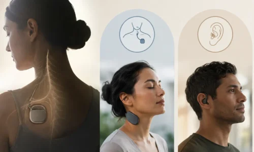 Editorial illustration showing implanted, neck-based, and ear-based vagus nerve stimulation device categories.