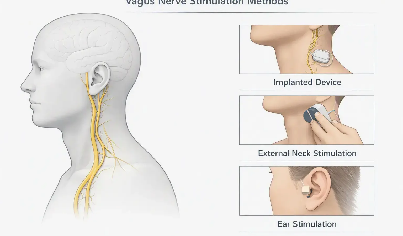 Diagram showing implanted, external cervical, and auricular approaches to vagus nerve stimulation.