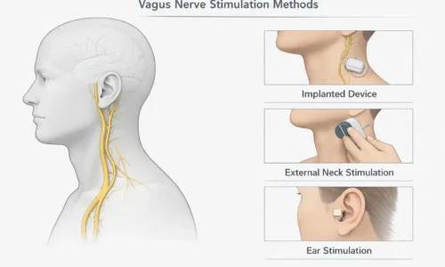 Diagram showing implanted, external cervical, and auricular approaches to vagus nerve stimulation.