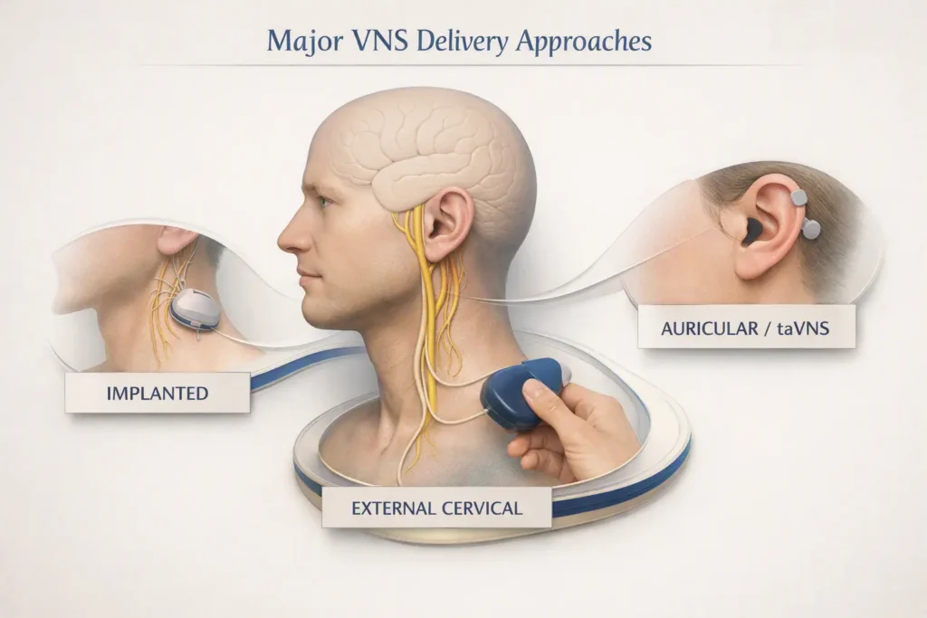 Diagram showing implanted, external cervical, and auricular approaches to vagus nerve stimulation.