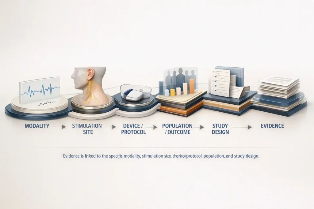Evidence flow showing modality, stimulation site, device or protocol, population or outcome, study design, and evidence.